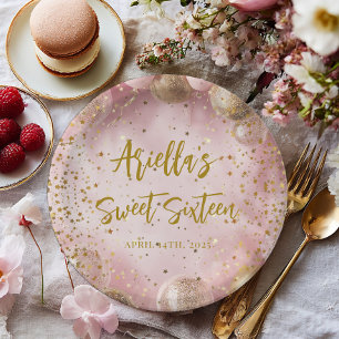 Modern sweet 16 pink gold balloons paper plate