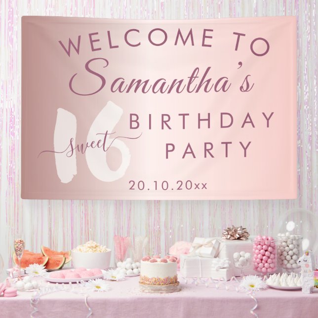 Modern Sweet 16 Pink Metallic Birthday  Banner (Party)