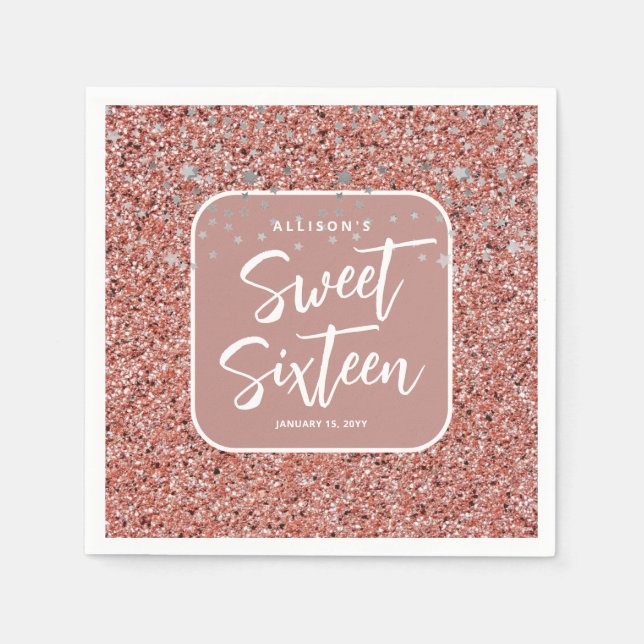 Modern Sweet 16 Rose Gold Glitter Personalised Napkin (Front)