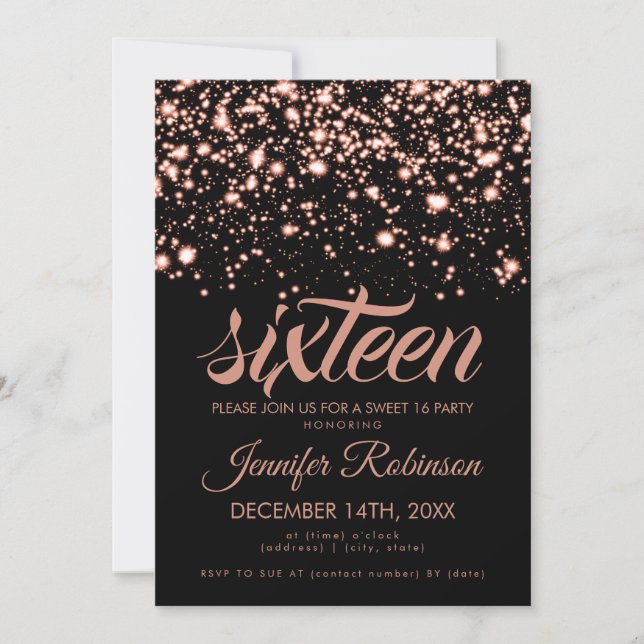 Modern Sweet 16 Rose Gold Midnight Glam Invitation (Front)