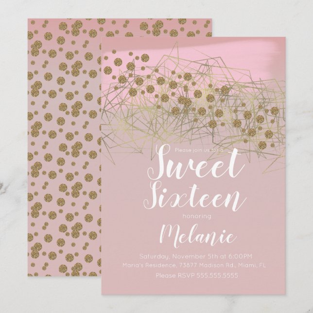 Modern Sweet 16 Rosita Gold Geometrical Blush Invitation (Front/Back)