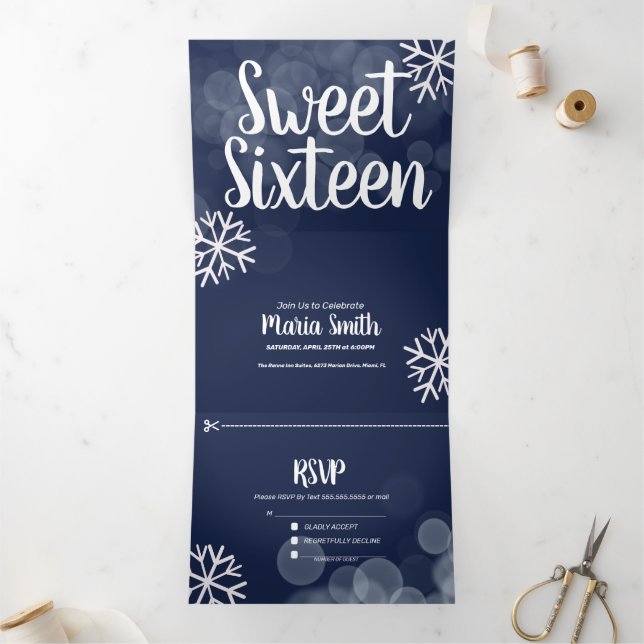 Modern Sweet 16 Scattered Snowflakes Bokeh Lights Tri-Fold Invitation (Inside)