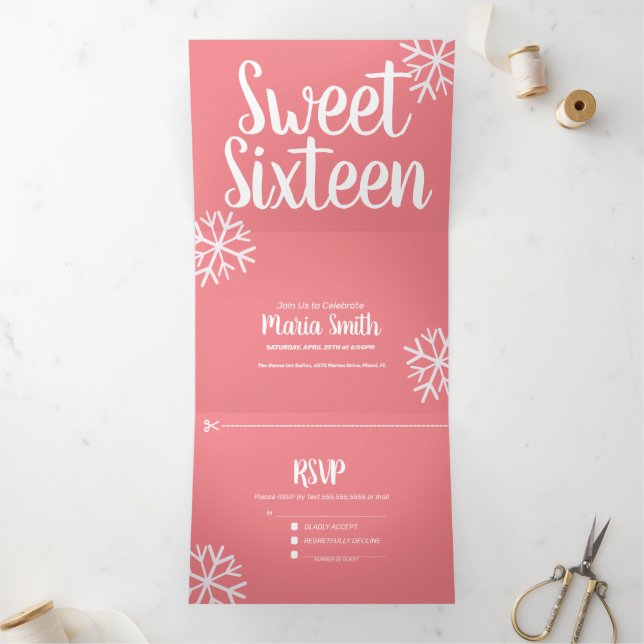 Modern Sweet 16 Scattered Snowflakes Tri-Fold Invitation (Inside)