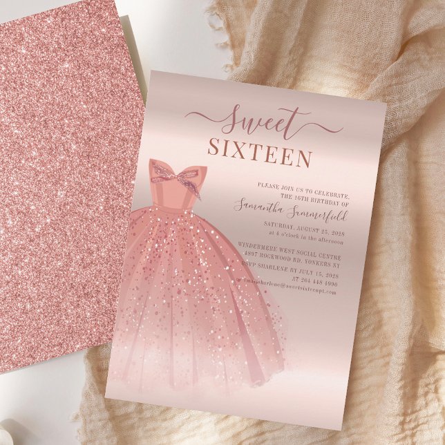 Modern Sweet 16 Script Birthday Invitation (Sweet 16 Rose Gold Glitter Dress Birthday Party Invitation)