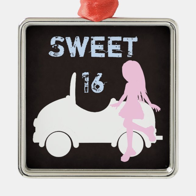 Modern Sweet 16 Silhouette Girl and Car Christmas Metal Tree Decoration (Front)