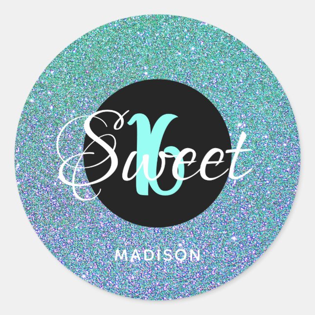 Modern Sweet 16 Teal Aqua Glitter Personalised Classic Round Sticker (Front)