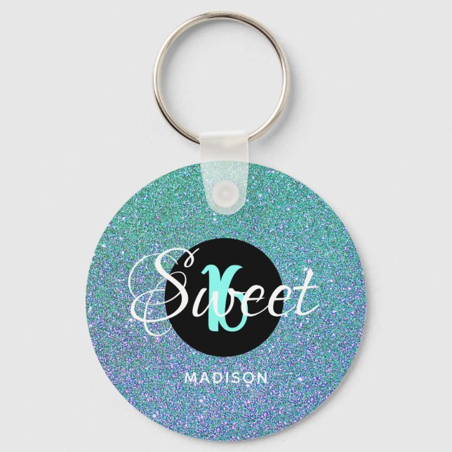 Modern Sweet 16 Teal Aqua Glitter Personalised Key Ring (Front)