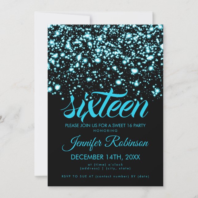 Modern Sweet 16 Teal Blue Midnight Glam Invitation (Front)