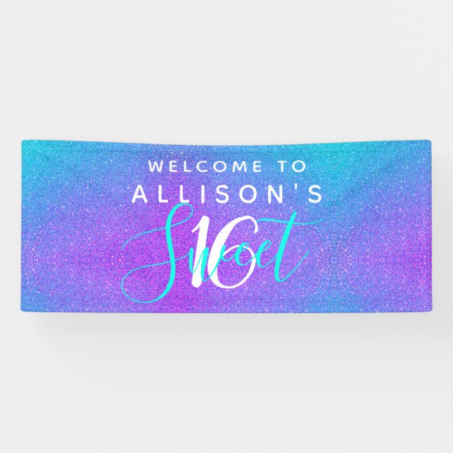 Modern Sweet 16 Teal Purple Glitter Personalised  Banner (Horizontal)