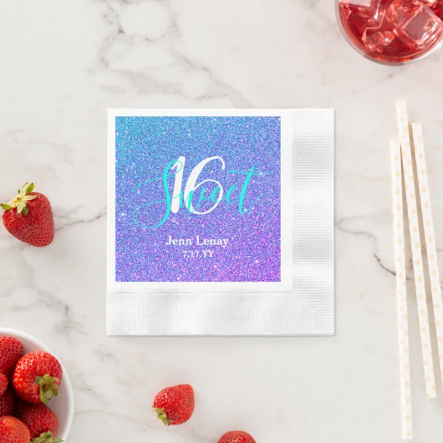 Modern Sweet 16 Teal Purple Glitter Personalised Napkin (Insitu)