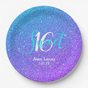 Modern Sweet 16 Teal Purple Glitter Personalised Paper Plate