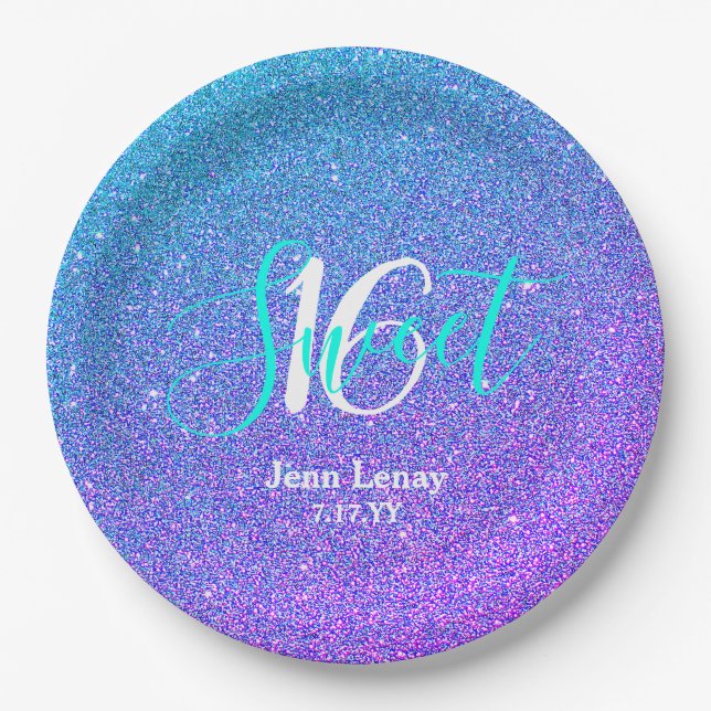 Modern Sweet 16 Teal Purple Glitter Personalised Paper Plate (Front)