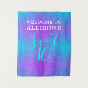 Modern Sweet 16 Teal Purple Glitter Personalised Tapestry