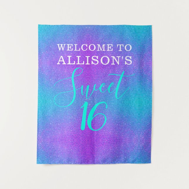 Modern Sweet 16 Teal Purple Glitter Personalised Tapestry (Front)