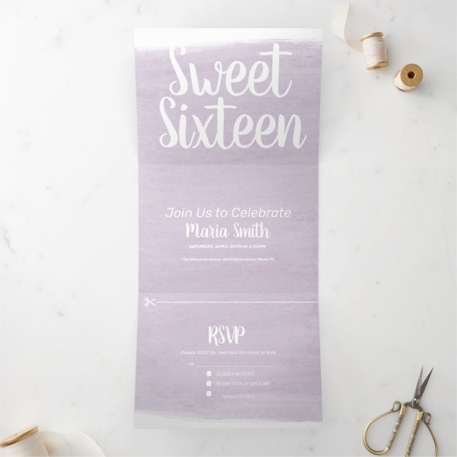 Modern Sweet 16 Watercolor Strokes Photography Tri-Fold Invitation (Inside)