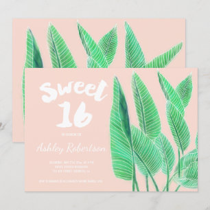 Modern sweet 16 watercolor tropical leaf pink invitation
