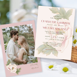 Modern Sweet Blush Peony Rose Floral Photo Wedding Invitation