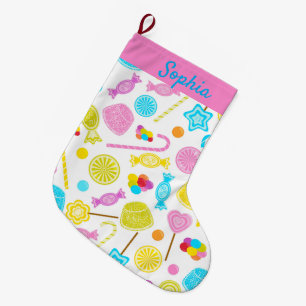 Modern Sweet Candy Pattern Cute Custom Name Large Christmas Stocking