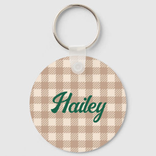 Modern sweet cute brown beige gingham checked key ring