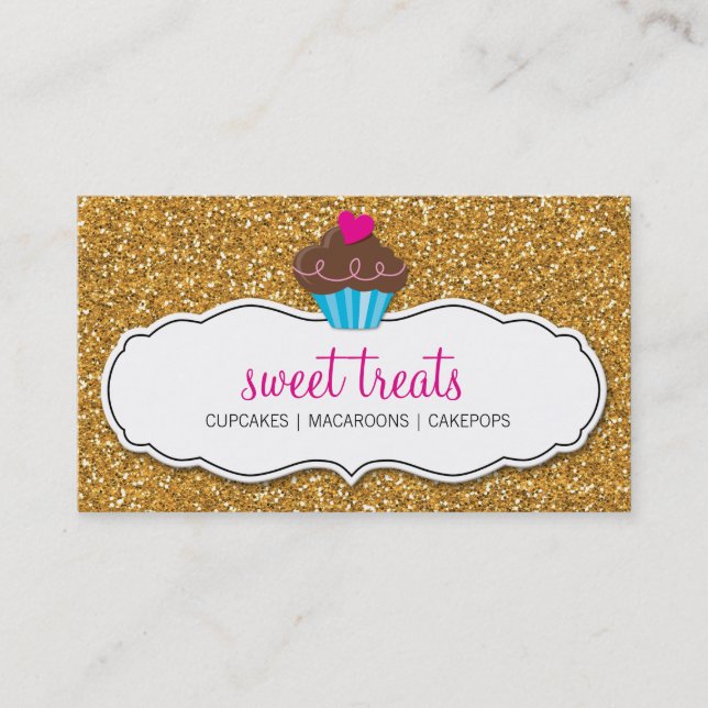 MODERN SWEET cute cupcake pink gold glitter Business Card (Front)