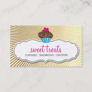 MODERN SWEET cute cupcake pink gold retro sunburst Business Card