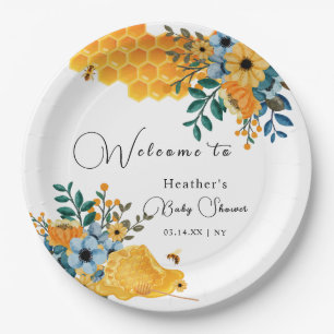 Modern Sweet Honey Bee Floral Baby Shower Welcome Paper Plate