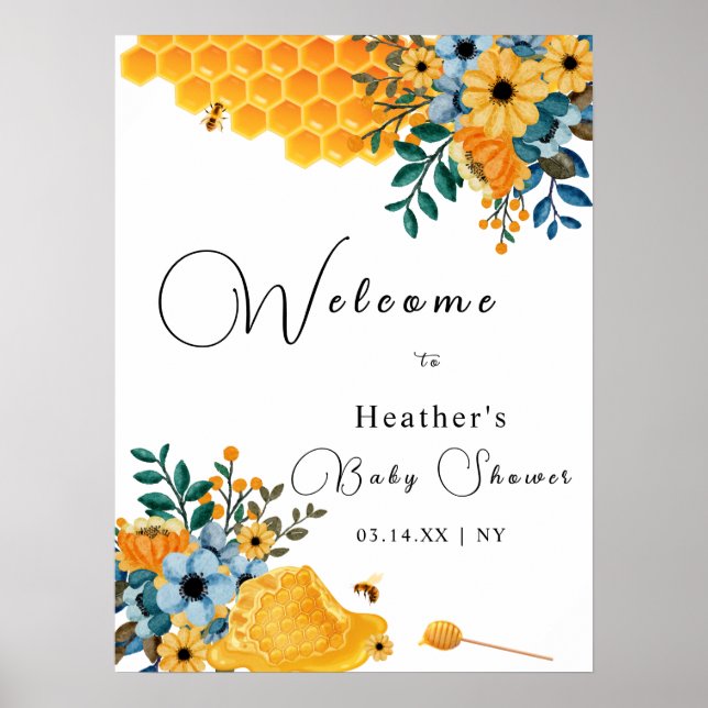 Modern Sweet Honey Bee Floral Baby Shower Welcome Poster (Front)