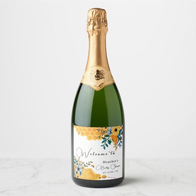Modern Sweet Honey Bee Floral Baby Shower Welcome Sparkling Wine Label (Front)