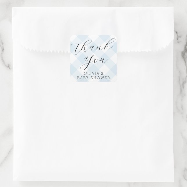 Modern + Sweet Light Blue Gingham Baby Shower Square Sticker (Bag)