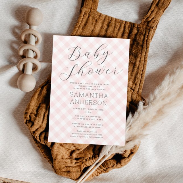 Modern + Sweet Pink Gingham Girl Baby Shower Invitation (Modern + Sweet Pink Gingham Girl Baby Shower Invitation)
