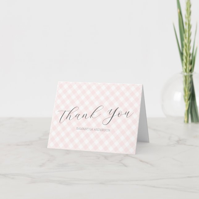 Modern + Sweet Pink Gingham Girl Baby Shower Thank You Card (Front)