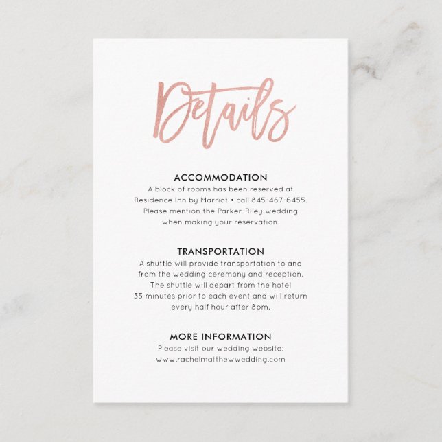Modern Sweet Rose Gold Wedding Details Insert Card (Front)