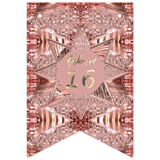 Modern Sweet Sixteen 16th Birthday Rose Gold Star Bunting (First Flag)