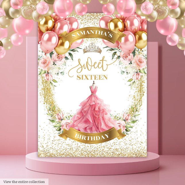 Modern Sweet Sixteen Backdrop Blush Gold Balloons Tapestry (Modern Sweet Sixteen Backdrop Blush Gold Balloons)