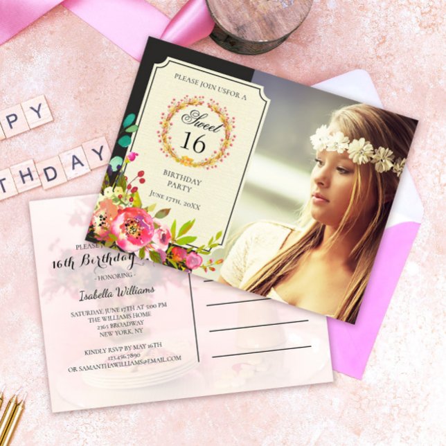 Modern Sweet Sixteen Birthday Flower Invitation (Creator Uploaded)