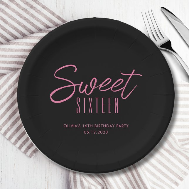 Modern Sweet Sixteen Black Pink Girls 16th party Paper Plate (Sweet Sixteen 16th Sixteenth girls birthday party paper plates in black & pink. See full range.)