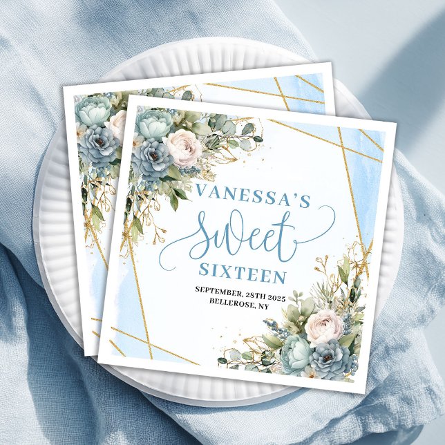 Modern Sweet Sixteen Blue Floral Gold Glitter  Napkin (Modern Sweet Sixteen Blue Floral Gold Glitter Paper Dinner Napkins)