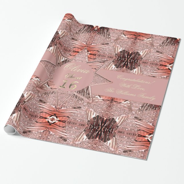 Modern Sweet Sixteen Elegant Faux Ribbon Rose Gold Wrapping Paper (Unrolled)