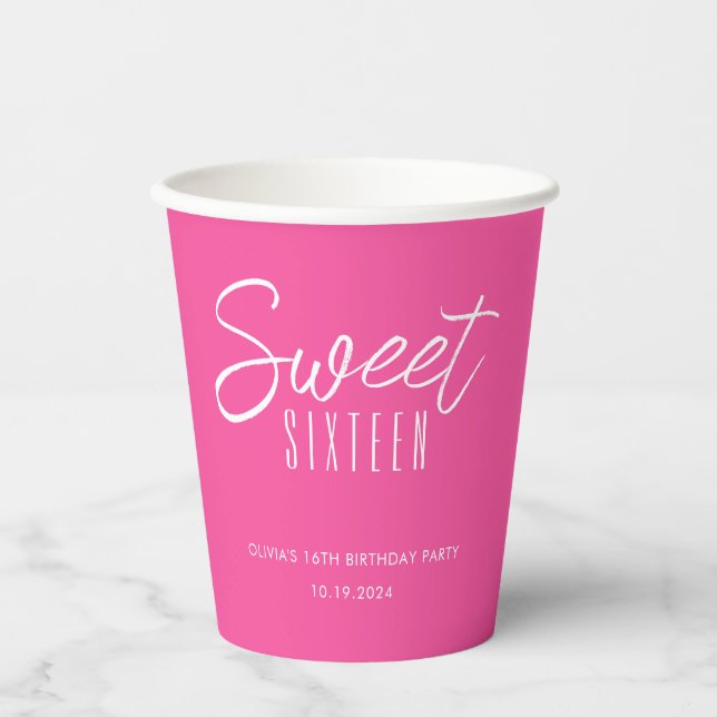Modern Sweet Sixteen hot pink girls 16th birthday Paper Cups (Front)