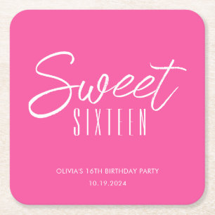 Modern Sweet Sixteen hot pink girls 16th birthday Square Paper Coaster