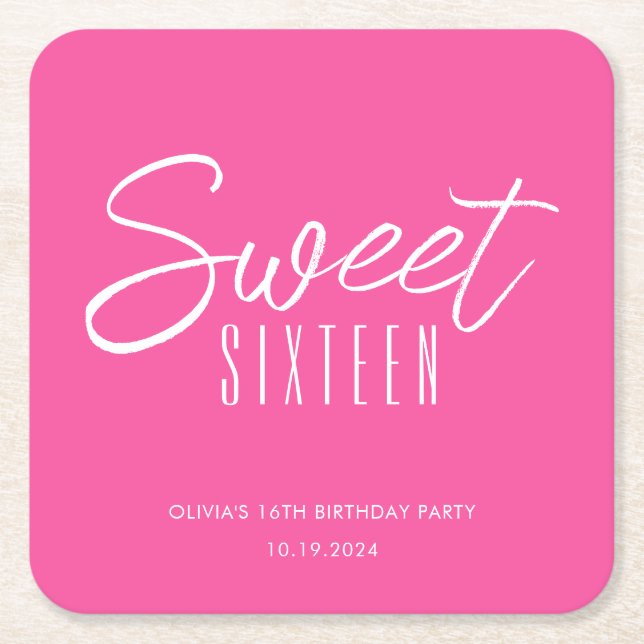 Modern Sweet Sixteen hot pink girls 16th birthday Square Paper Coaster (Front)