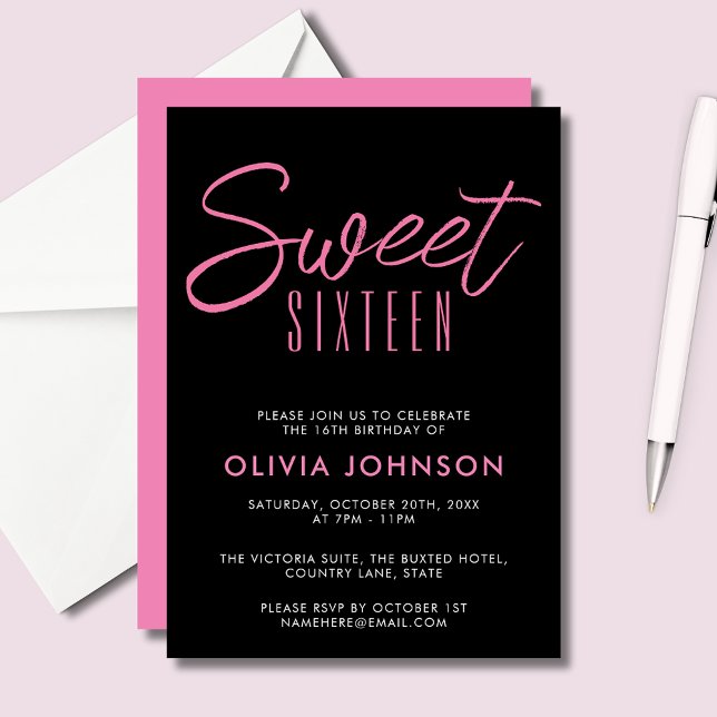 Modern Sweet Sixteen Pink & Black Invitation (Sweet Sixteen 16th Sixteenth girls birthday party
invitations in black and pink.  See full range.)
