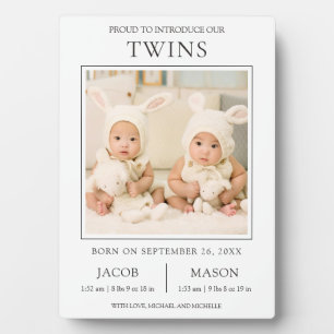 Modern Sweet Twins Photo Birth Announcement Plaque