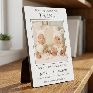 Modern Sweet Twins Photo Birth Announcement Plaque