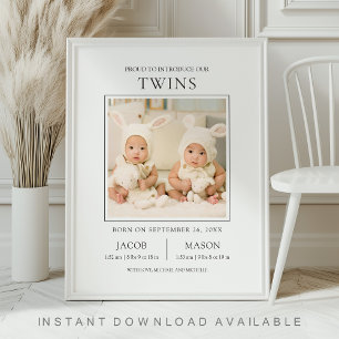 Modern Sweet Twins Photo Birth Announcement Poster