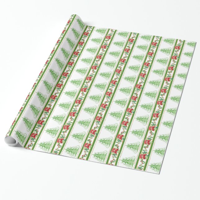 Modern Swirl Christmas Tree Poinsettia Striped Wrapping Paper (Unrolled)