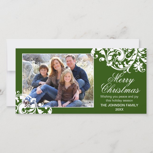 Modern Swirl Flourish Christmas Green and White Holiday Card (Front)