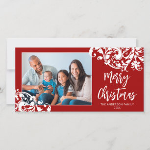 Modern Swirl Flourish Christmas Red and White Holiday Card
