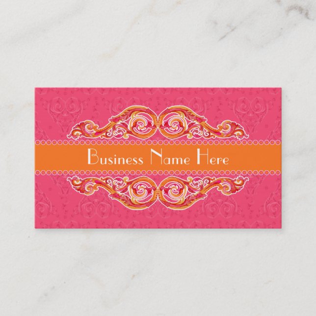 Modern Swirl Flourish Heart Tangerine Hot Pink Business Card (Front)