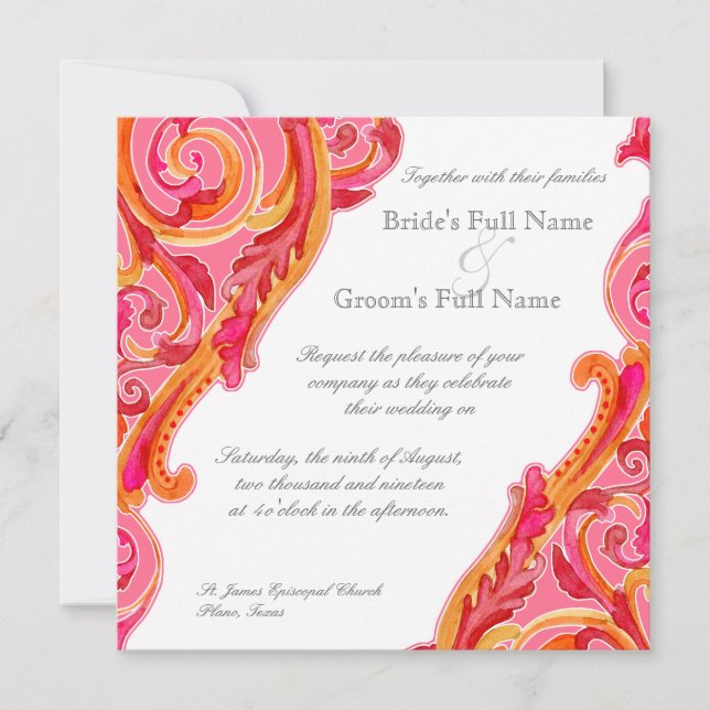 Modern Swirl Flourish Heart Tangerine Hot Pink Invitation (Front)